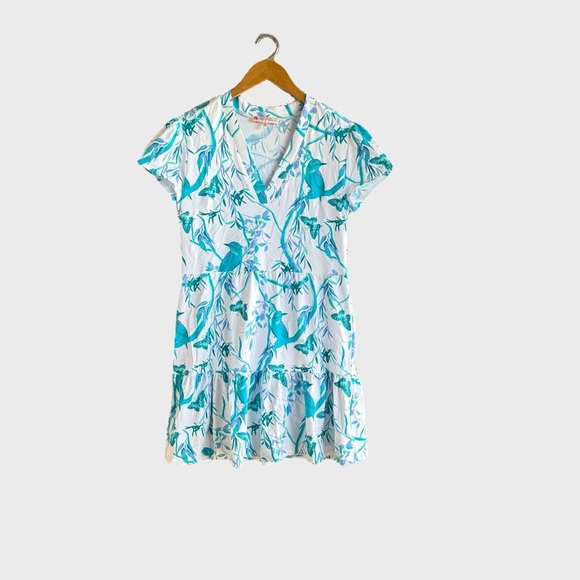 Jude Connally Ginger Dress Womens Sz M Blue White Ruffled Summer Casual Novelty - Picture 2 of 10
